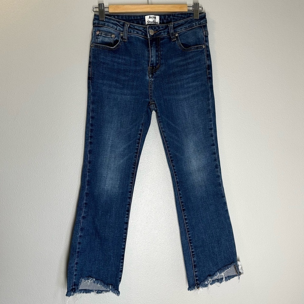Acne Studios Crop Straight Leg Chewed Hem Jeans Medium Blue Wash Size 28 Women’s